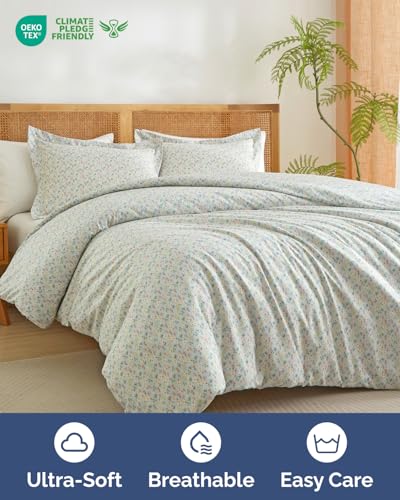 Image of Duvet Cover Cal King Size Set - Extra Soft Floral Duvet Cover 104 x 98 with 2 Pillow Shams - Comfy, Cozy, Breathable Bedding Set - Hotel Luxury with Zipper Closures & Ties - Sage Cottage Floral