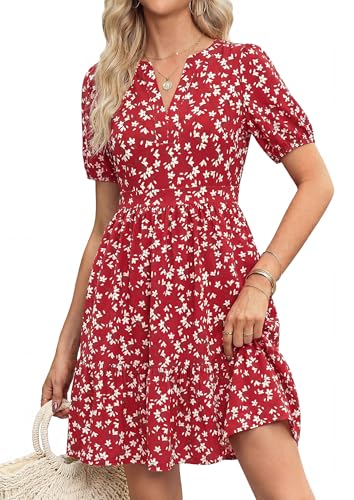 PRETTYGARDEN Womens Summer Floral Boho Dresses 2026 Casual V Neck Puff Sleeve A Line Flowy Beach Vacation Short Mini Dress (Floral Wine Red,S)
