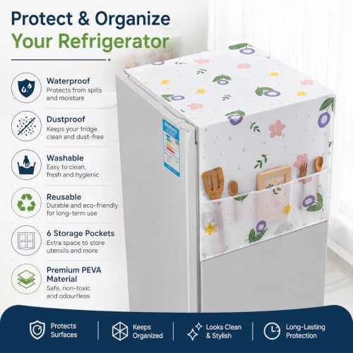 Image of Refrigerator Top Cover with 6 Storage Pockets, Waterproof Fridge Cover, Dustproof PEVA Fridge Mat for Kitchen, Washable Refrigerator Cover (Multi Print Design)