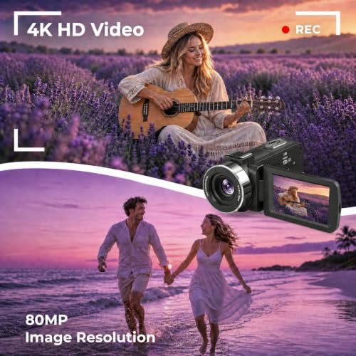 Image of 4K HD 80MP Camcorder Video Camera Vlogging Camera for YouTube | IR Night Vision 18X Digital Zoom 3.0 IPS Screen Video Recorder with 32GB SD Card, 2 Batteries, Remote Control, and Stabilizer
