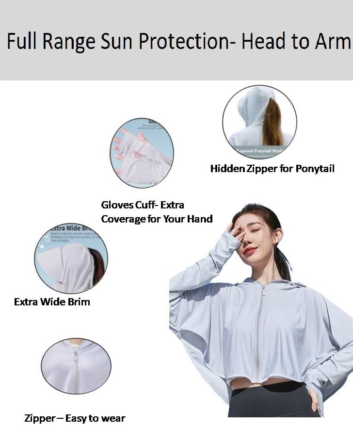 Image of Alexvyan Size-L Grey Women's UV Protection Jacket, Lightweight Summer Sun Screen Hoodie with Visor, UPF 50+ Protection for Outdoors, Shirt Full Zipper Sun Protection Jacket- FIT 50-65 KG