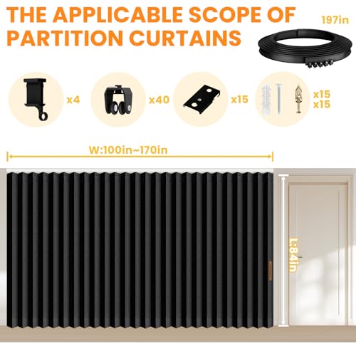 Image of Room Divider Curtain Sets with Flexible Ceiling Track, Privacy Soundproof Curtain for Bedroom Office Patio Sliding Door(Black, W180 x L84, 1 Pack)