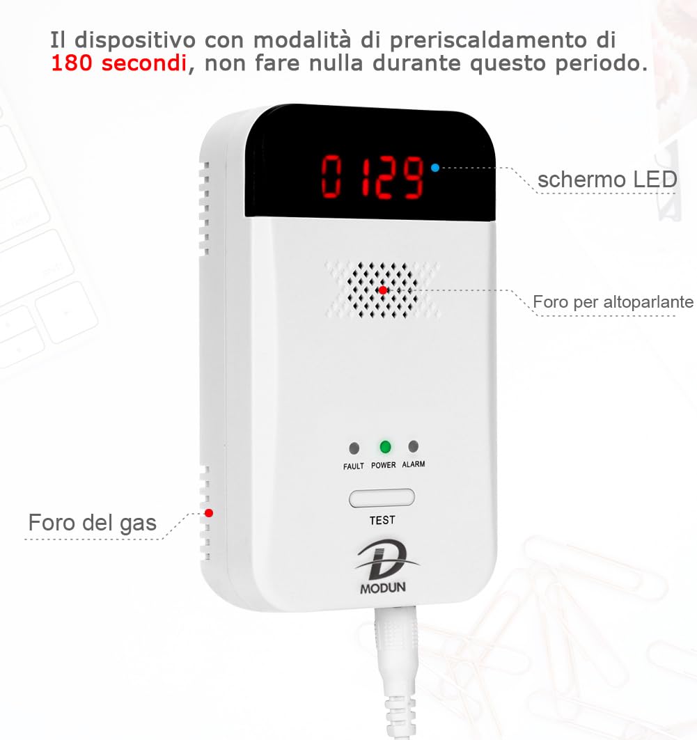 D MODUN - Rilevatore di Gas, Gas naturale|GPL|Rilevatore di perdite gas carbone, Rilevatore gas con plug-in con allarme acustico e display a LED, Sensore Allarme gas combustibili Metano Propano Butano