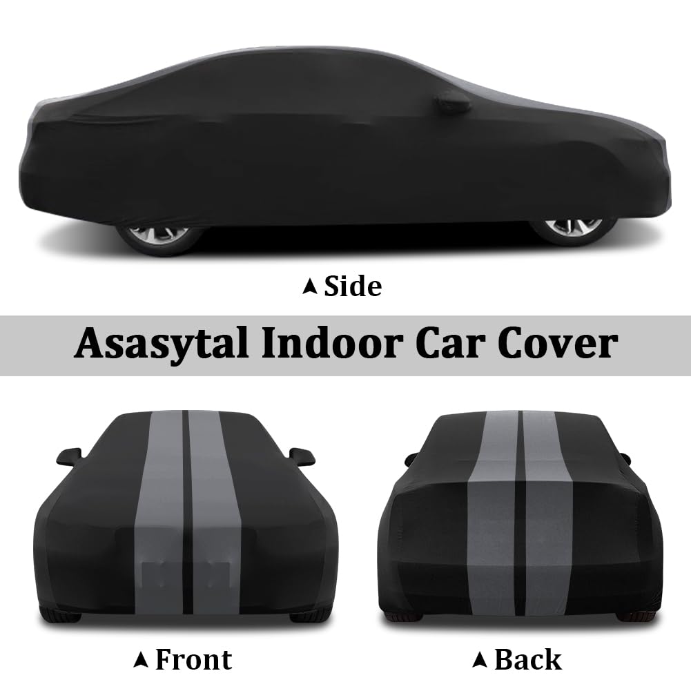 Bâche de Auto Intérieure, de Saloon/Berline Housse de Couverture Voiture Respirante Extensible en Velours élasticité, pour l'exposition de Garage/Voiture, L4.9~5.25M, Gris Rayé + Noir