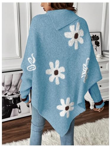 Women's Floral Poncho Sweater Long Sleeve Turtleneck Chunky Oversized Sweater Trendy Fall Winter Pullover Top2