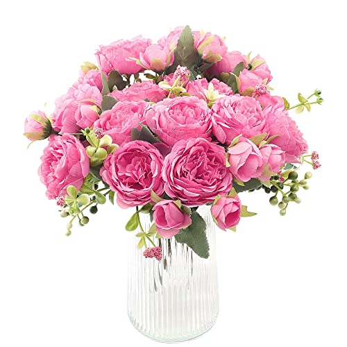 Decpro 4 Bouquets de Roses artificielles et de pivoines Bouquets de Fleurs d'herbe Plastique Fleurs de Mariage pour la décoration de Jardin de fête de Famille, Centre de Table,Rose Rouge Cover