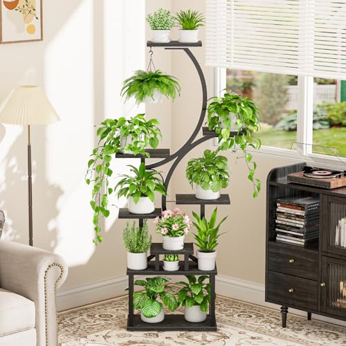 Image of Plant Stand with Grow Lights for Indoor Plants, 8-Tiered Tall Corner Plant Shelf with Full Spectrum Light, S-Shaped Space-Saving Narrow Flower Holder, Anti-Tip for Living Room Bedroom Office, Black