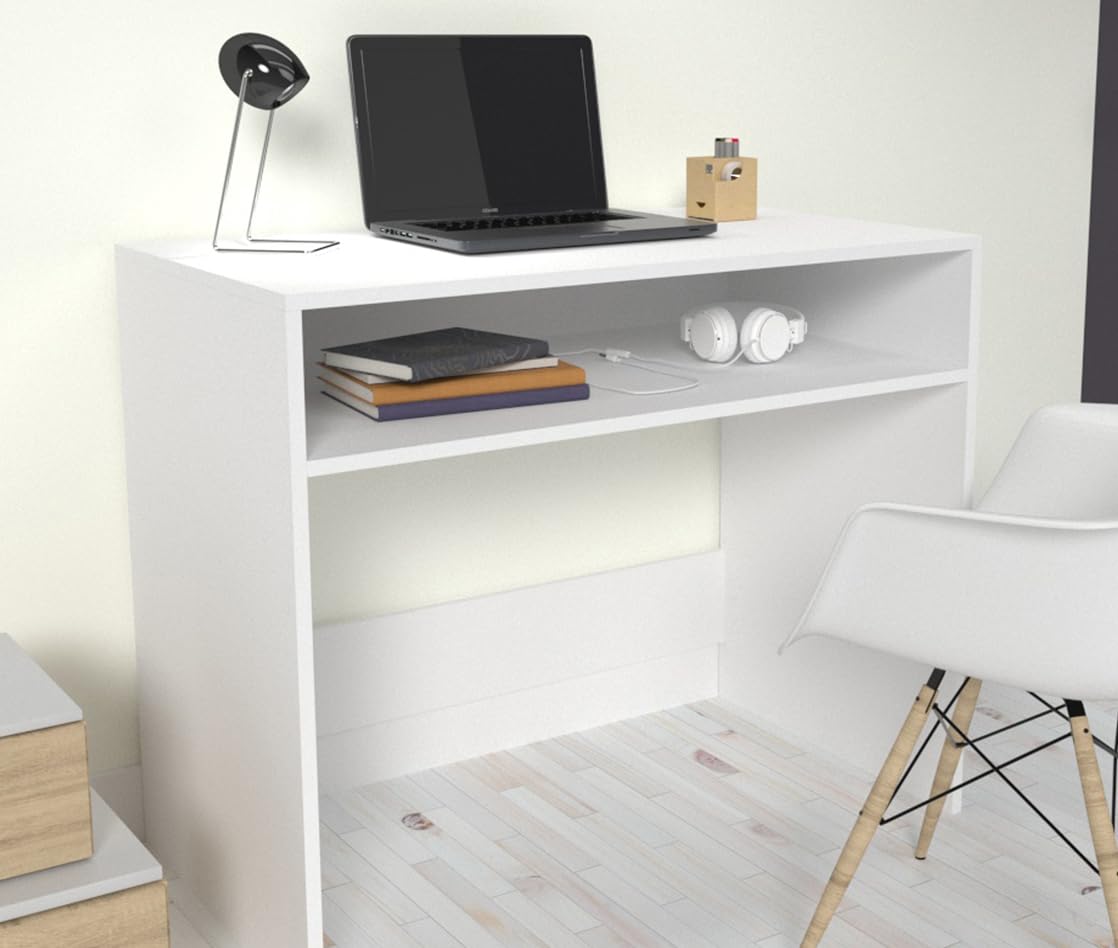 DORMIDAN- Escritorio Estudio con balda, Mesa de Ordenador, Mesa Juvenil 90cm (Blanco)