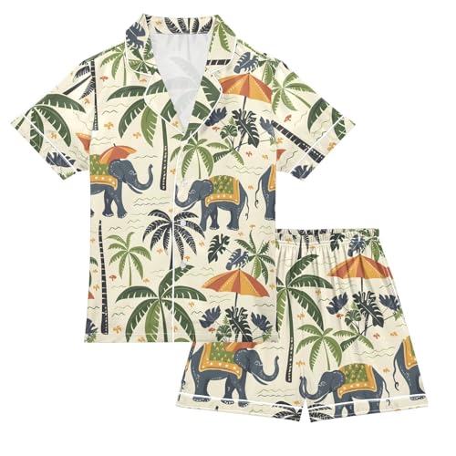 ALAZA Elephant Palm Tree Indian Satin Pajamas Set Short Sleeve Button Down Sleepwear Summer Pjs 2 Piece