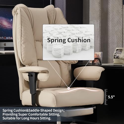 Big and Tall Office Chair 400lbs Wide Seat, Leather High Back Executive Office Chair with Foot Rest, Ergonomic Chairs Lumbar Support for Lower Back Pain Relief (Beige)