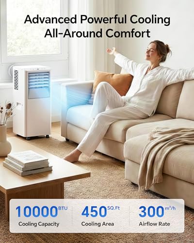 Feelfunn 10,000 BTU Portable Air Conditioner - Cools Up to 450 Sq. Ft., 5-in-1 Portable AC Unit for Rooms with Remote Control, Sleep Mode, 24H Timer, Air Conditioner for Bedroom, Dorm, Apartment