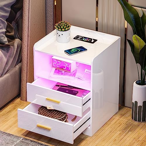 Furologee White Nightstand with Charging Station and LED Light, Modern End Side