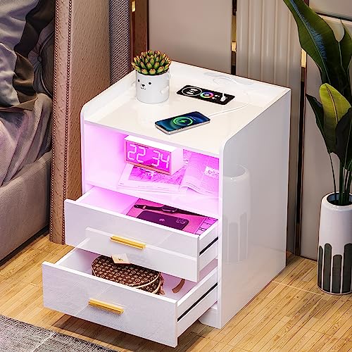 HNEBC LED Nightstand with Charging Station,Smart Bedside Table with Motion Sensor Lights,3 Drawers,Tempered Glass Top,High Gloss End Table with 3 Color Lights for Bedroom, Living Room,Office