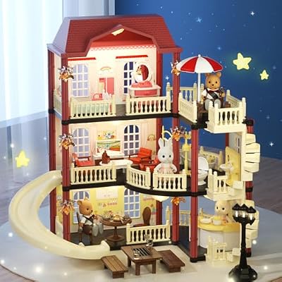 Dollhouse Kit Playset Little Critters Bunny Dolls for Girls with Swimming Pool and Slideside Family Toys for Toddler 5 Year+ Old Girl
