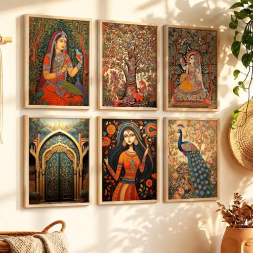 Image of kotart Premium Digital Madhubani Art Paintings with Frame for Home Decor - Framed Painting Living Room Bedroom Office - Wall Decoration - Pack of 6 (14X20 Inch, A)
