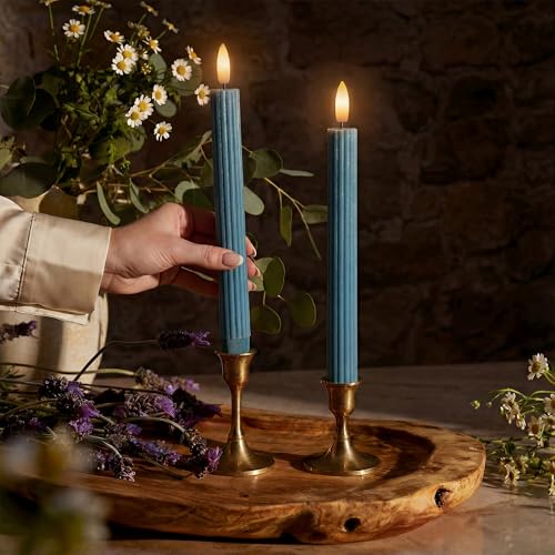 Image of 10 inch Fluted Ribbed LED Blue Grooved Real Wax Taper Candles, Remote & 24h Timer Memory, On /Off Switch - Flameless Dimmable Battery Operated w /Flicker Mode, Home Wedding Decor (6 Pack)
