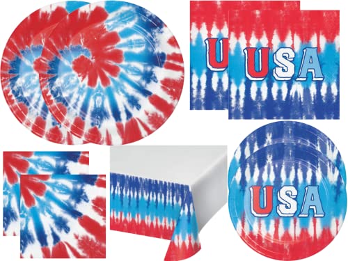 Party Creations Patriotic Memorial Day Tie Dye USA Disposable Dinnerware Bundle | 4th of July Groovy Holiday Red White and Blue Paper Plates, Napkins and Table Cover for 16 Guests (65 Pieces)
