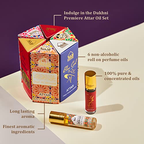 Dukhni Premiere Attar Oil Set | العطار العربي |  X6 Bottles X 6 Ml  Authentic Arabic Fragrance Oils | 100% Halal Blends, Ramadan Eid Gifting | Oud Ibtisam, Oud Khaleeji, Oud Habayeb, Kasturi Xx, Ambar, Blue Girl - 6Ml Each #TOP2