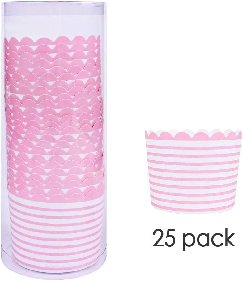 Webake Full Size Paper Baking Cups, 6oz Pink Cupcake Liners for Cupcake Bath Bomb, Muffin Case, Great for Cupcake Baking Decoration Set of 25 (Pink Stripe)