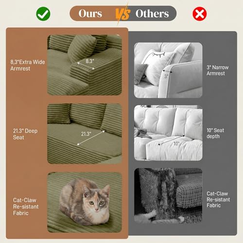 Image of 95 inch L Shaped Cloud Boneless Sectional Couches for Living Room, Modern Comfy Modular Deep Seat Memory Foam Compressed Corduroy Sofa Oversized Right Facing Chaise, No Assembly Required, Green
