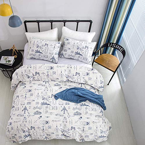 Image of KAREVER White Aircraft Comforter Set Twin Boys Cartoon White Bedding Set Airplane Comforter Car Tank Printed Bedding for Children Teen Boy Blanket Set