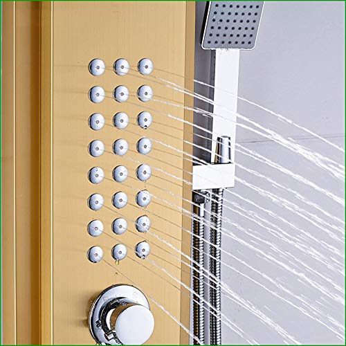 Panel de Ducha Sistema Multifunción en Acero Inoxidable con Acabado Dorado Cepillado, Cabezal de Ducha Cascada, Duchador de Mano, Chorros Corporales y Salida para Bañera miniatura 7