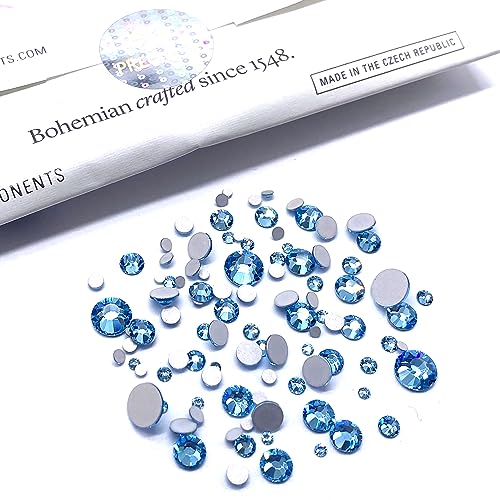 Mixed Sizes Aquamarine Lake Blue Czech Preciosa Maxima Crystal Flatbacks 100 Pieces Assorted 2mm to 6mm ss5, ss7, ss9, ss12, ss16, ss20, ss30 No Hotfix Round Rhinestones DIY Bling Deco Nail Arts