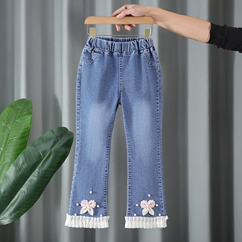 Girls Pearl Bow Knot Denim Jeans Elastic Waist Raw Hem Bell Bottom Jeans Y2k Trendy Cute Flare Leg Pants with Pockets3