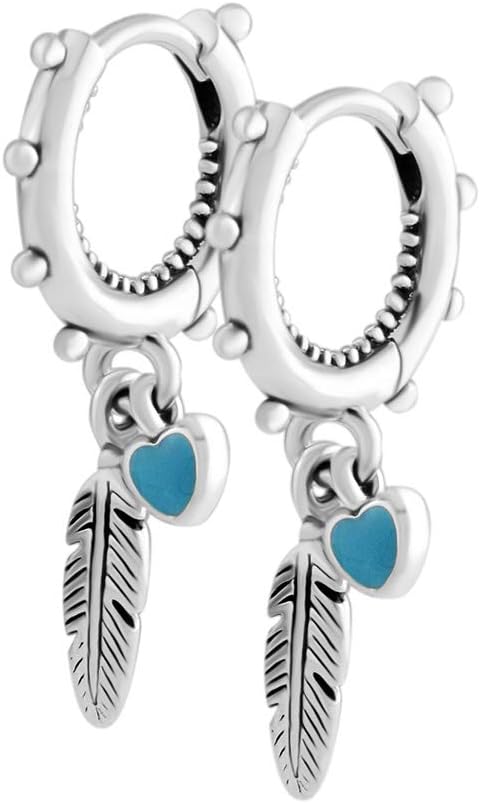 2018 Summer Spiritual Feathers Turquoise Enamel Dangle Earrings 925 Silver DIY Fits for Original Pandora Charm Fashion Jewelry