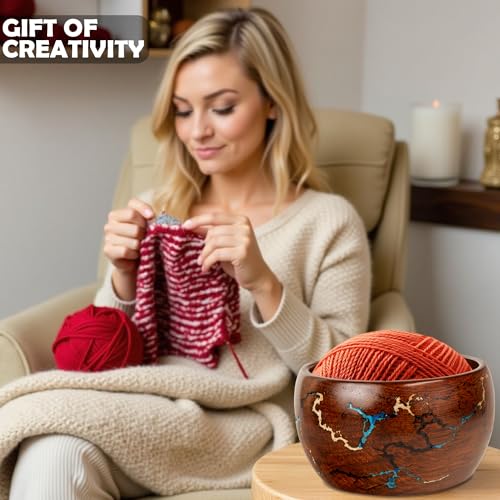 Image of Wooden Yarn Bowl Knitting & Crochet Yarn Holder | Handcrafted Crochet Bowl with Fractal Wood Burning & Blue Resin Inlay (Blue Large 7x7x4) (Multi)