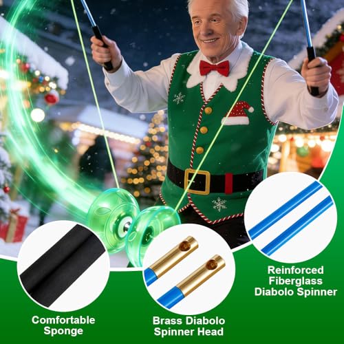 WDKXCN Diabolo mit Kugellager, Diabolo Jonglierset Set mit LED Licht und Handstäben, Transparent Weichgummi Jonglier Set mit Ersatzschnur und Netztasche, Freizeitsport für Anfänger Profis