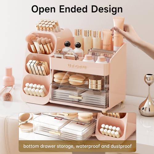 Image of UFORU Makeup Organizer for Vanity with Brush Holder, Large Capacity Bathroom Countertop Skincare Organizer with 2 Drawers, Cosmetic Display Case for Perfumes, Eyeshadow Palettes, Nail Polishes