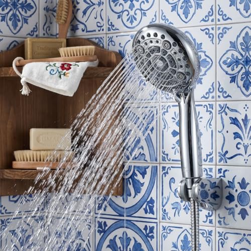 HOMELODY Handbrause mit 6 Funktionen – Großer Duschkopf 12 cm, Chrom-Optik, Anti-Kalk Duschkopf mit Massage & Regenstrahl, werkzeugfreie Montage