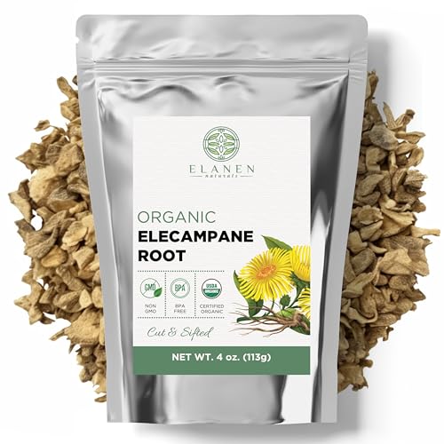 Elanen Naturals Organic Elecampane Root 4 oz. (113g) USDA Certified Organic Elecampane Inula Helenium Herb Cut & Sifted