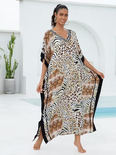 Image of KECVOT Kaftan Dresses for Women V-Neck Print Swimsuit Cover Up Plus Size Beach Caftan Lounge Dress