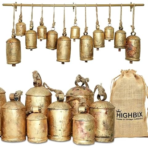HIGHBIX Rustic Handmade Christmas Jingle Cowbells Complete Set Large XL Bells with Metal Hanging Rod – Vintage Farmhouse Decor, Wall Accents, and Unique Gifts Cover