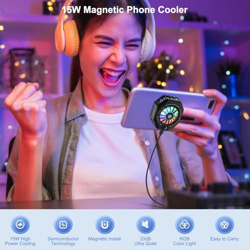 Image of Amsdifio Phone Cooler for Gaming, 15W Magnetic Mobile Cooler, Gaming Cooling Fan with 3 Level Model Dislay, RGB Light, Semiconductor & 7-Blade Fan, Phone Cooling Pad for IOS & Android Phones