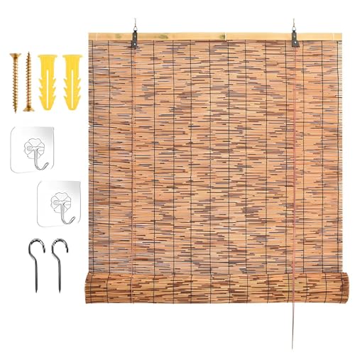 Exteriores Cortina Caña Persianas Bambu para Patio, Persianas De Enrollables Natural, con Elevador Estilo Retro Estor Enrollable De Bambú, Protección Solar Y Privacidad(Ancho 125 x Alto 130 cm)
