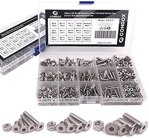 Comdox 500pcs Socket Cap Screws Hex Head Bolt Nuts Assortment Kit Set, Stainless Steel, M3 M4 M5 Thread Size, Full Thread, Countersunk Head, Allen Hex Drive