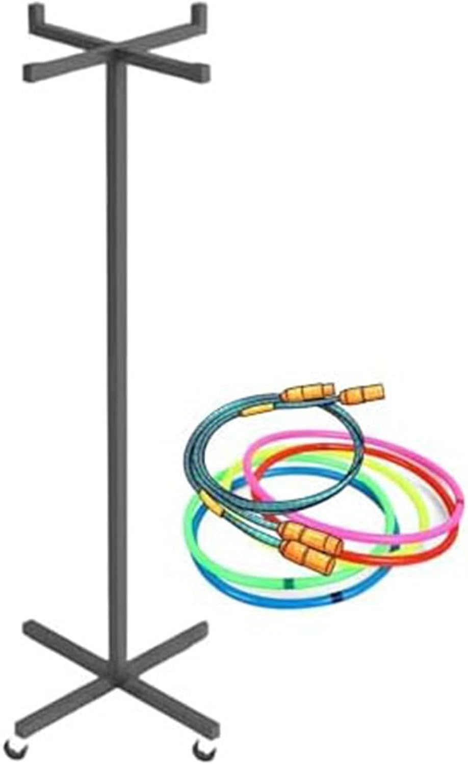 School Jump Hoop Rope Storage Rack, Metal, Heavy Duty, Black Hula Hoop Organizer Cart with Wheels, Space-Saving, for Home Gym Office