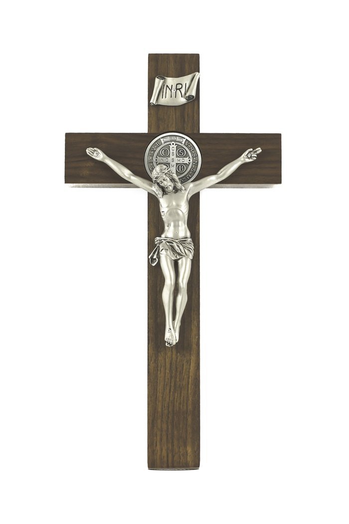 Walnut Wood Crucifix with Two Sided Pewter Saint Benedict Medal and Corpus, 12 Inch