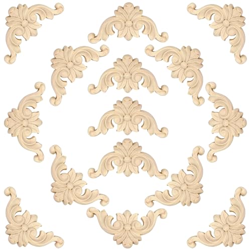 15 Pcs Wood Carved Applique and Onlays for Furniture Carved Onlays DIY Decorative 1.6 Inch Wooden Corner Decorative Appliques Unpainted Carving Appliques for Door Decor