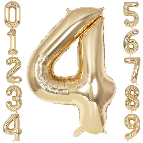 Image of Champagne Gold Large Number 4 Balloon, 40 Inch Light Gold Foil Helium Number Balloons, Giant Mylar Number 4 Balloons for 4 Years Old Birthday Party Anniversary Decorations