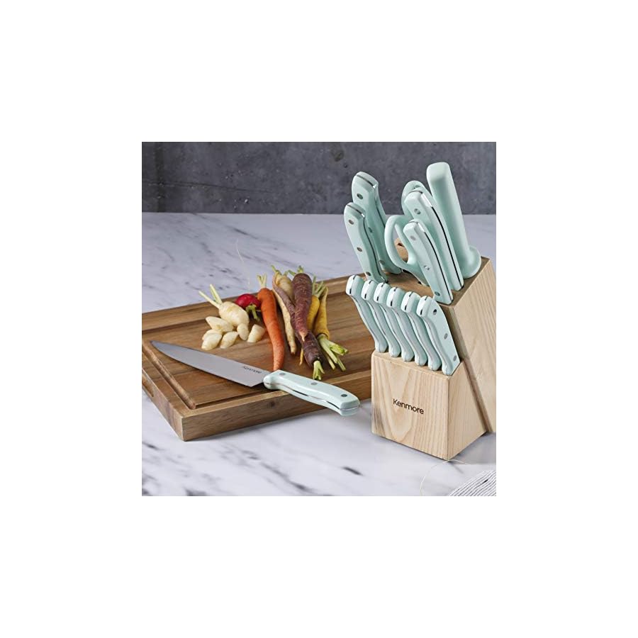 Kenmore Kane Stainless Steel Forged Triple Riveted Cutlery Knife Block Set, 14-Piece, Glacier Blue