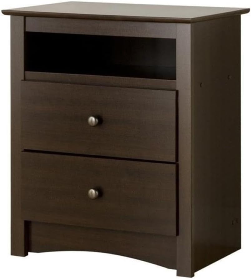 BOWERY HILL Tall 2 Drawer Nightstand, 28" H x 23.25" W x 16" D, Espresso Laminate Finish, Composite Wood, Bronze Knob Pulls, Open Shelf, Contemporary Bedroom Storage Furniture