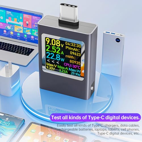 Image of diymore USB C Power Meter,Digital Multimeter,USB C Tester Power Meter,Type C Voltage and Current Tester Meter,Working Time Ammeter Voltmeter USB Cable Charger Detector Color LED Display