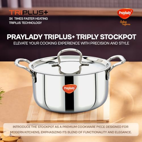 Image of Praylady TRIPLUS+ Triply Stainless Steel Stock Pot 22 cm | 4.2 L | Biryani | Handi | Casserole | Patila | Soup | Curry | Induction & Gas Compatible | with Lid