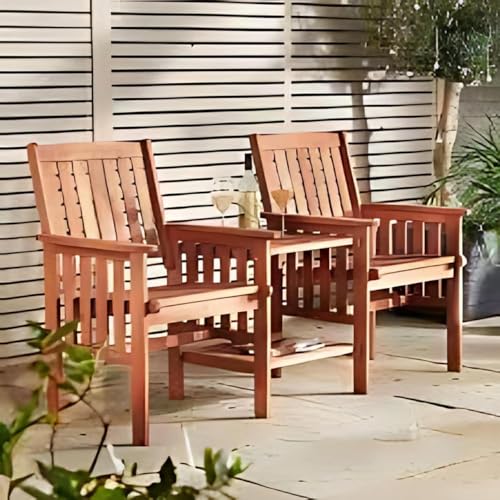 Garden Mile Wooden 2-Seater Companion Bench with Table Garden Bench 2 Chairs & 2 Tier Table Patio Seating Hardwood Outdoor Furniture Set with Parasol Hole Love Seat