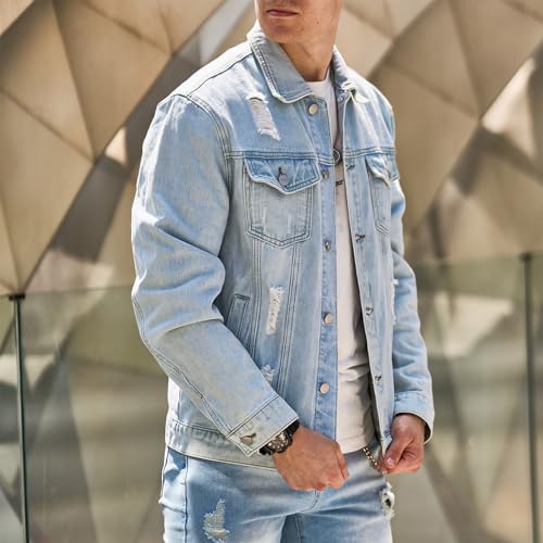 Jean Jacket for Men Button down Distressed Ripped Solid Color Casaul Denim Outerwear Jacket Coat with Multiple Pocket3