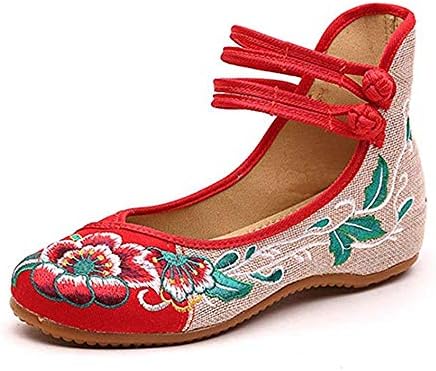 BININBOX Women Chinese Embroidered Flower Flat Bridal Mary Jane Ballet Shoes(6.5 B(M) US,Red)